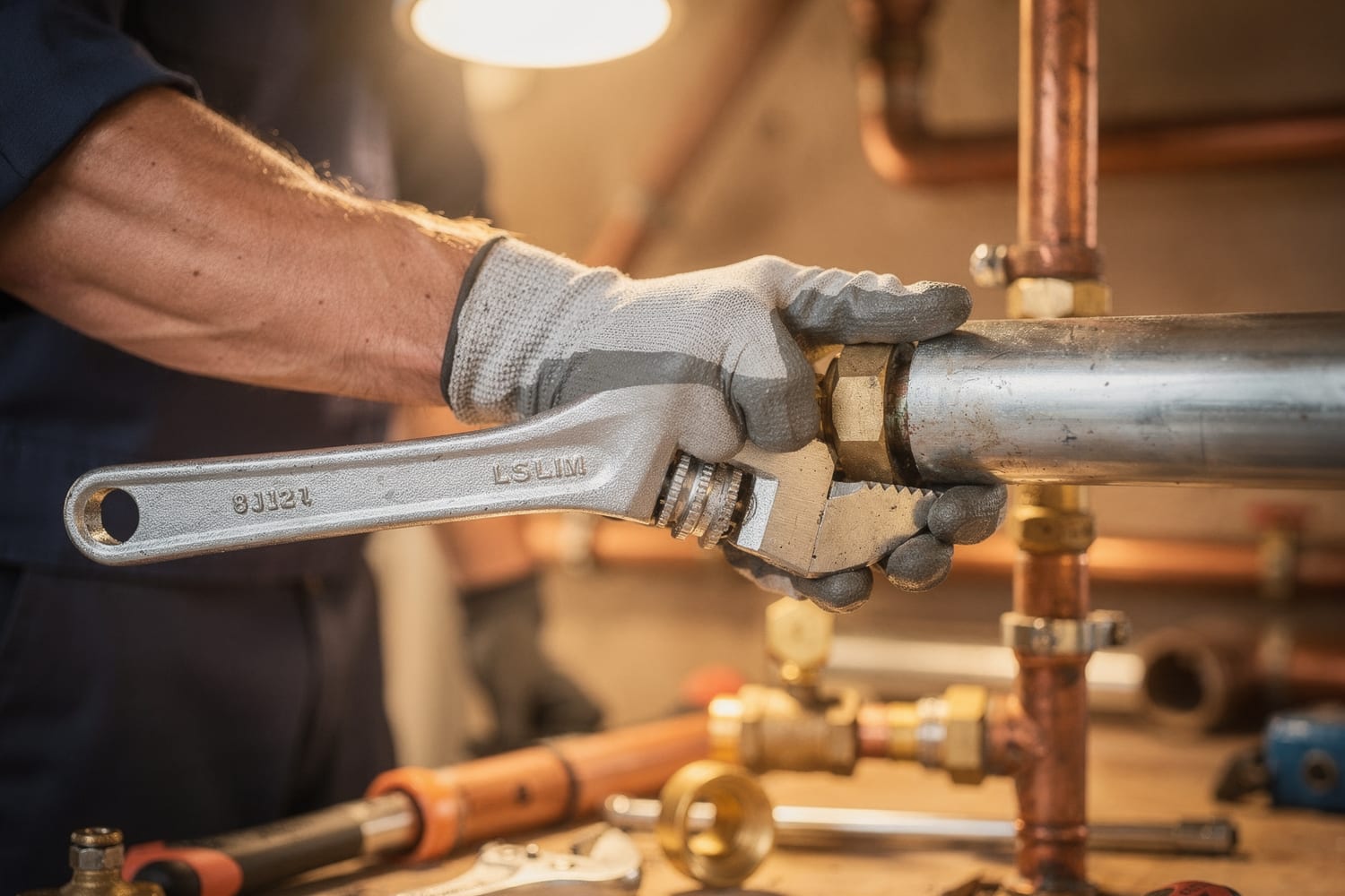 A technician tightening a pipe fitting with a wrench